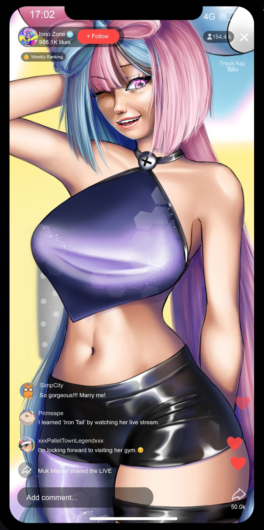 blue_hair breasts clothed female female_only fkstudio french_kiss_studio iono_(pokemon) leather leather_shorts livestream long_hair nanjamo_(pokemon) parody pink_eyes pink_hair pokemon pokemon_sv smartphone tiktok twintails