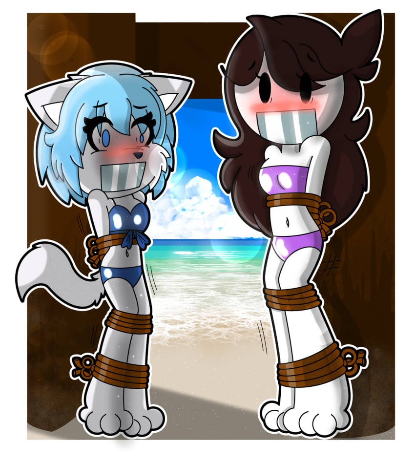 2girls animation_meme_community beach bikini blue_hair bondage cartoonbondage101 female female_focus female_only furry human jaiden jaiden_animations multiple_girls restrained rope rope_bondage tape_gag virtual_youtuber wolfychu youtube youtuber