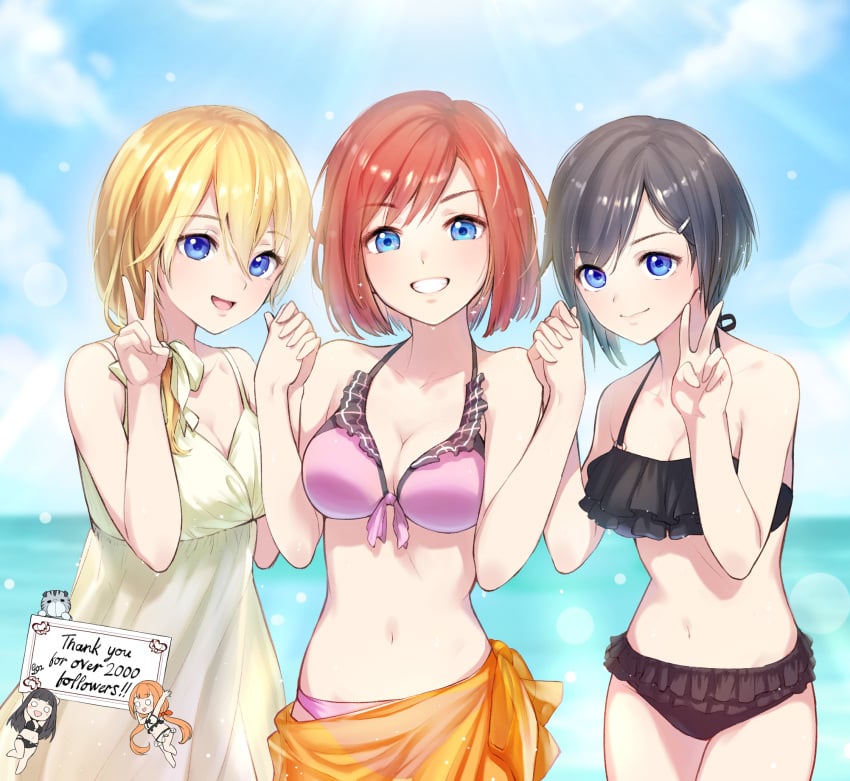 3girls bare_arms bare_shoulders belly belly_button bikini bikini_bottom bikini_top black_bikini black_hair blonde_hair blue_eyes blue_sky breasts cleavage disney dress fingers_interlocked frilled_bikini front-tie_bikini front-tie_top holding_hands interlocked_fingers kairi kingdom_hearts looking_at_viewer medium_breasts midriff multiple_girls namine navel nobody_(kingdom_hearts) outdoors pink_bikini red_hair short_hair skuld_(kingdom_hearts) sky smile smiling smiling_at_viewer square_enix strelitzia sundress swimsuit swimwear teeth xion