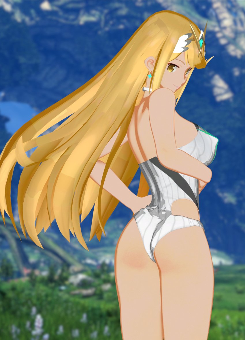 3d aidenhet big_breasts big_butt core_crystal female female_focus female_only huge_breasts mythra_(xenoblade) nintendo partially_nude red_eyes red_hair short_hair smile smiling xenoblade_(series) xenoblade_chronicles_(series) xenoblade_chronicles_2