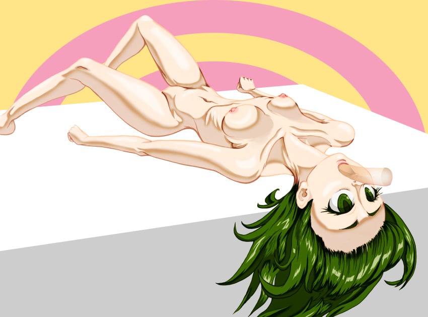 1girls abstract_background alternate_breast_size blowjob curly_hair disembodied_penis e-scorpion fellatio green_eyes green_hair lying_on_back lying_on_bed medium_breasts messy_hair one-punch_man petite shiny_skin surprised tatsumaki throat_fuck throat_swabbing transparent_penis upside-down