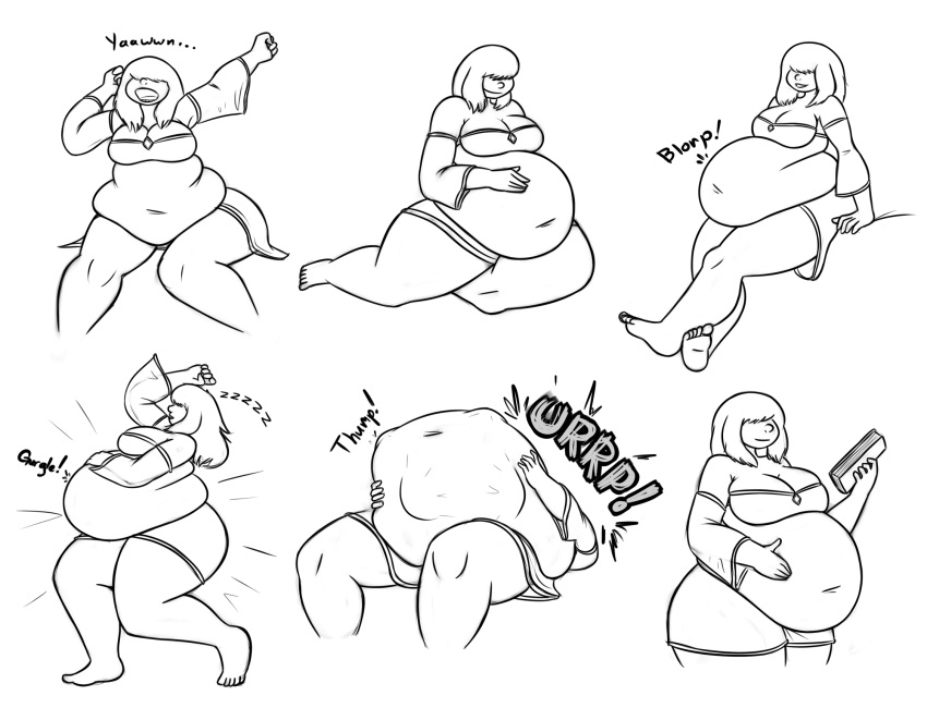 1girls belly belly_bulge big_belly black_and_white blanham17 blinding_bangs book burp burping chubby commission covered_eyes fat female_pred hand_on_belly oral_vore original orignal_character priestess rubbing_belly sequence short_hair sleeping soft_vore stomach_noises struggling struggling_prey thick_thighs tired vore vore_belly yawning