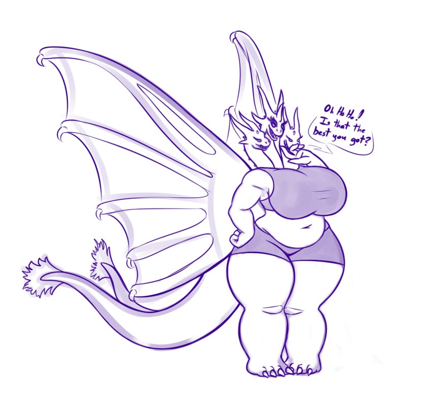 1girls 2_tails 3_heads anthro blanham17 breasts chubby chubby_female conjoined giant_monster giantess godzilla_(series) kaiju kaiju_girl king_ghidorah midriff monster_girl multi_head multi_tail pudgy_belly rule_63 shorts sketch talking tanktop thick_thighs wings_on_head