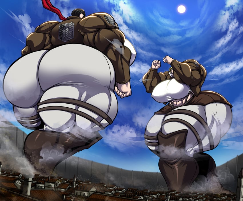 2girls abs annie_leonhardt attack_on_titan big_ass big_breasts blonde_hair female_only giantess gigantic_ass gigantic_breasts gigantic_thighs knee_boots medium_hair midriff mikasa_ackerman muscle muscles muscular muscular_arms muscular_female muscular_thighs osmar-shotgun scarf shingeki_no_kyojin skin_tight