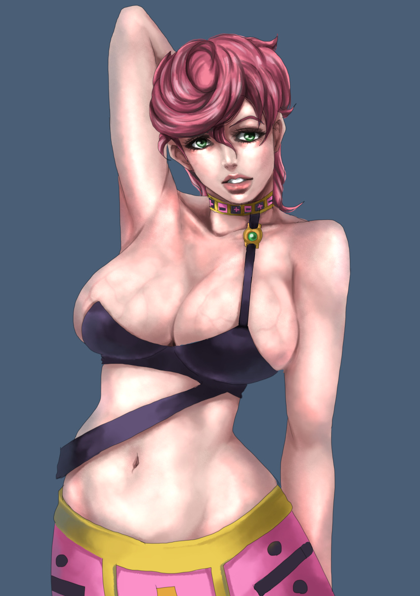 1girls aged_up alternate_breast_size alternative_bust_size armpits bare_shoulders belly big_breasts bra bralette breasts cleavage esuee female female_focus female_only green_eyes hourglass_figure huge_breasts human jojo's_bizarre_adventure large_breasts light-skinned_female light_skin looking_at_viewer midriff navel one_arm_behind_head one_arm_up overflowing_breasts pink_hair short_hair shounen_jump simple_background skirt solo solo_female solo_focus stomach thick trish_una undersized_clothes veins vento_aureo wide_hips