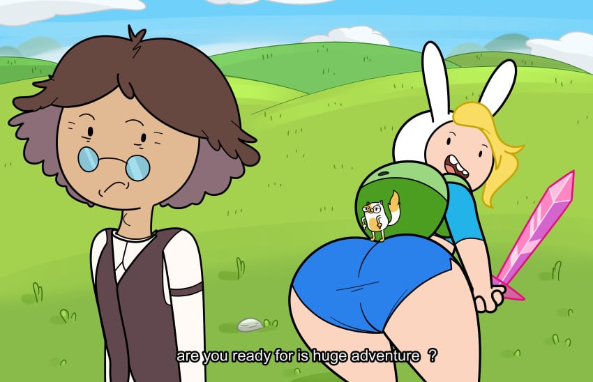 adventure_time ass backpack bag big_ass big_butt blonde_female blonde_hair cake_the_cat cartoon_network clothing feline female fionna_and_cake fionna_the_human_girl gasp glasses grass grass_field hbo_max headwear human male mr_valentine00 open_mouth pale_skin pink_sword shorts simon_petrikov smile sword text thick_ass thick_hips thick_legs weapon