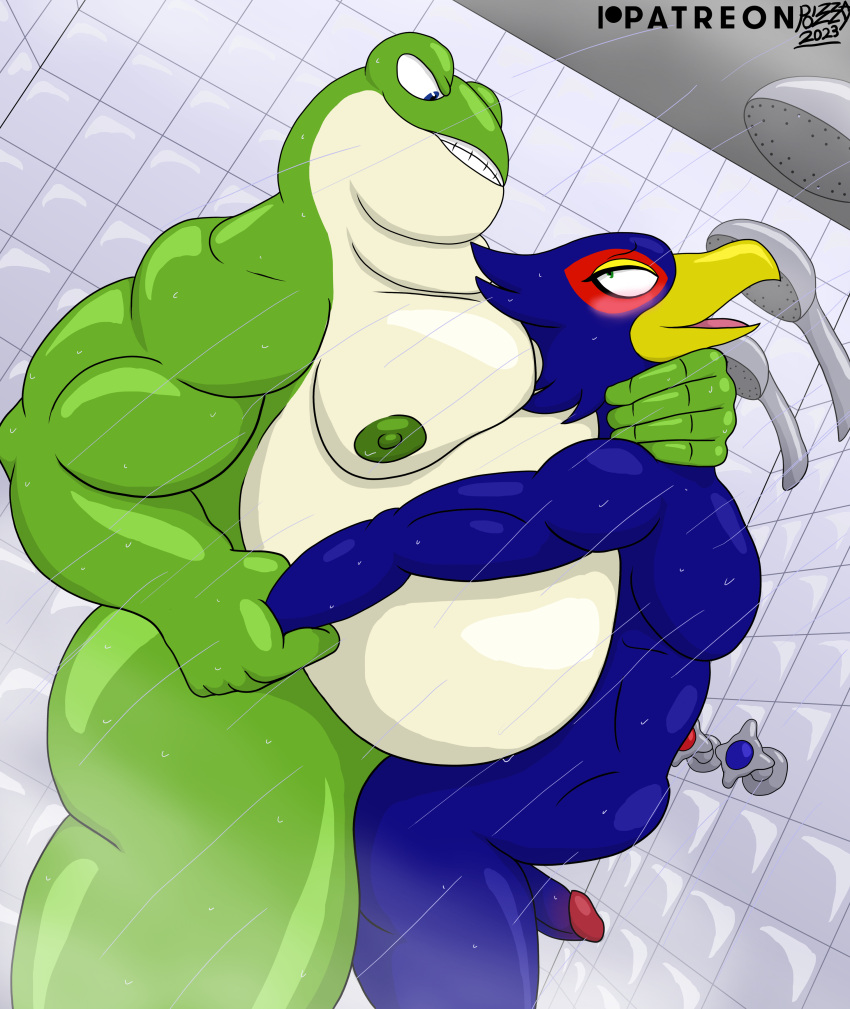 absurd_res amphibian anal anthro avian bathing beak belly big_belly bird dominant duo falco_lombardi frog genitals hand_on_throat hi_res male male/male male_only nintendo nipples overweight overweight_male penis pizzaozzy_(artist) sex shower showering size_difference slippy_toad star_fox toad_(frog) wet