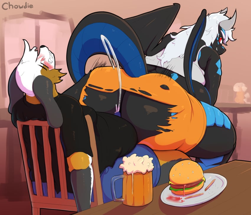 2boys alcohol animal_humanoid anthro beer beverage black_body black_scales blue_body blush bodily_fluids bottomwear burger canid canine canis chowdie clenched_teeth clothing cum cum_in_clothing cum_through cum_through_clothing cum_through_pants cumshot domestic_dog dragon ejaculation femboy_hooters food fur genital_fluids hair hi_res hooters hot_dogging humanoid looking_back male male/male male_only mammal multicolored_body multicolored_fur orgasm original overweight overweight_anthro overweight_male rialig scales scalie scalie_humanoid sex shorts teeth torn_bottomwear torn_clothing torn_shorts wardrobe_malfuncion wet wet_clothing white_hair wings yaoi