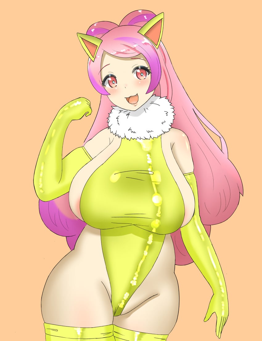 big_breasts blush breasts cosplay doors_drop game_freak huge_breasts hypno_(cosplay) large_breasts miriam_(pokemon) nintendo open_mouth orange_background pink_eyes pink_hair pokemon pokemon_(cosplay) pokemon_sv solo solo_female