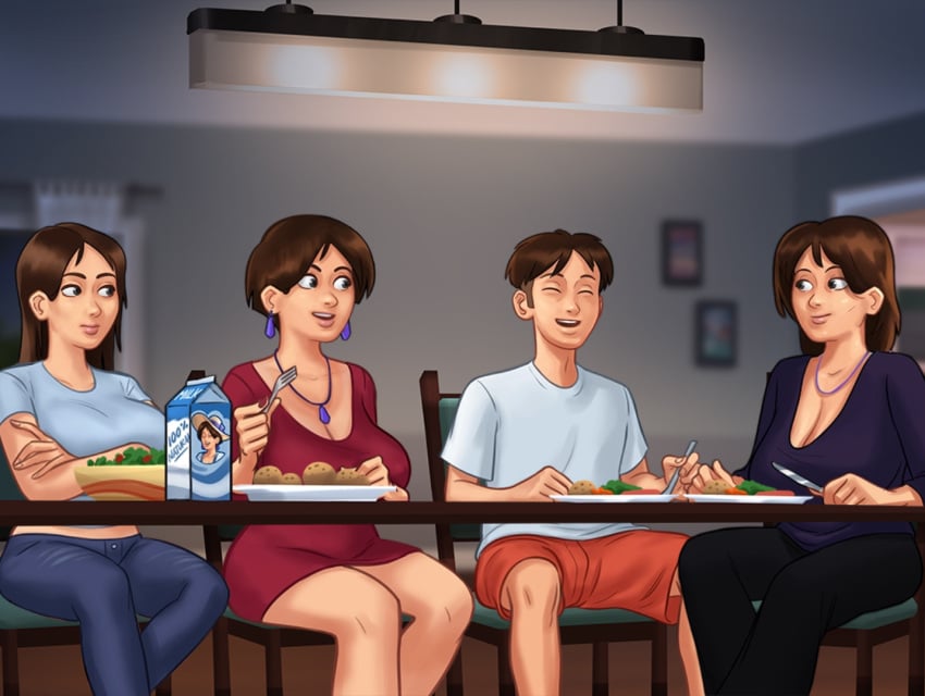 1boy 2d 3girls big_breasts bottomwear breasts brown_hair chair cleavage closed_eyes clothed clothing darkcookie debbie_(summertime_saga) diane_(summertime_saga) digital_drawing_(artwork) digital_media_(artwork) dinner dress ear_piercing earrings eye_contact female fork giggling jeans jenny_(summertime_saga) knife laughing light-skinned_female light-skinned_male light_skin long_hair looking_at_another looking_at_partner main_character_(summertime_saga) male milk necklace pants piercing plate shirt shorts sitting smile smiling summertime_saga surprise surprised surprised_expression table thick_thighs topwear