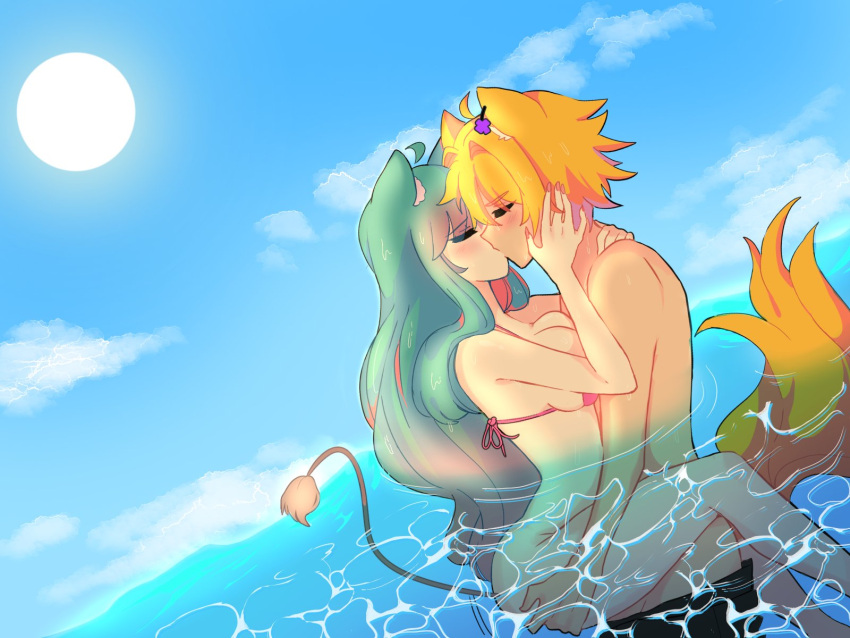 1boy 1girls 2023 animal_ear_fluff animal_ears animal_tail bikini bikini_top blue_hair chessivt cloud implied_sex kendomurft kissing krexvt_(artist) latam_virtual_youtuber light-skinned_female light-skinned_male long_hair owozu partially_submerged sea sex short_hair straight sun swimsuit tail underwater_sex virtual_youtuber vtuber vtuberfanart water yellow_hair