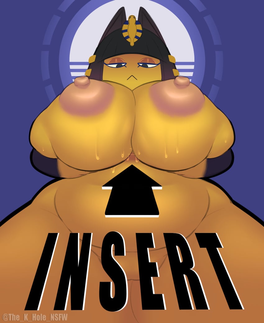 absurd_res animal_crossing ankha ankha_(animal_crossing) anthro arrow_sign belly big_breasts black_eyes black_hair bodily_fluids breast_grab breast_squish breasts domestic_cat dominant dominant_female egyptian english_text erect_nipples eyeshadow felid feline felis female genitals hair hand_on_breast hi_res huge_breasts inviting looking_at_viewer looking_down_at_viewer makeup mammal markings narrowed_eyes nintendo nipples nude puffy_nipples pussy slightly_chubby solo squish sweat sweatdrop sweaty_breasts text the_k-hole_(artist) thick_thighs wide_hips yellow_body