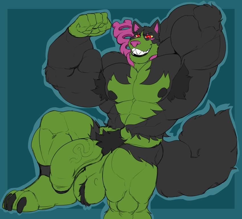 anthro arcwuff armpit armpit_hair balls bara barazoku big_balls big_penis black_fur canid canine flexing furry green_fur male male_only muscles muscular nintendo okidogi penis pokemon pokemon_sv smiling solo solo_male spread_legs tail