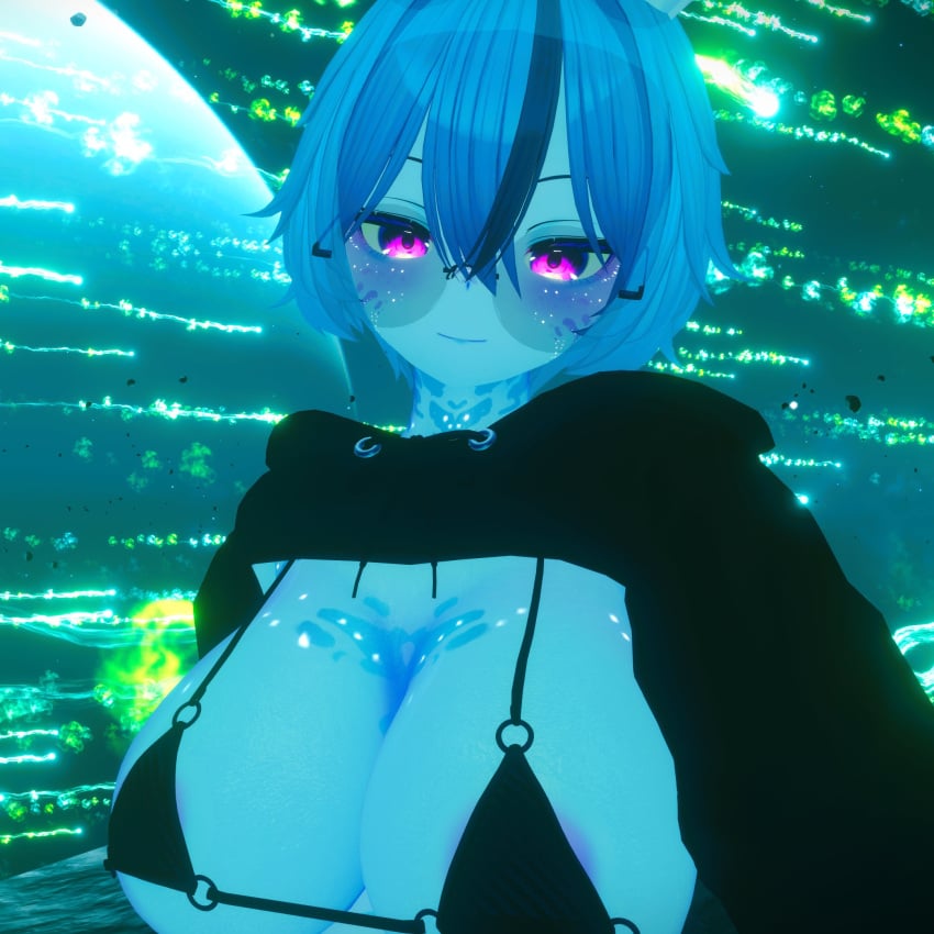 1girls areolae artsyvrc big_breasts blue_body blue_hair blush body_markings bra breasts cleavage facial_markings female female_only horny horny_female huge_breasts large_breasts no_pants panties purple_eyes selfie solo sweater sweater_lift thick_thighs thighhighs virtual_youtuber vr_media vrchat