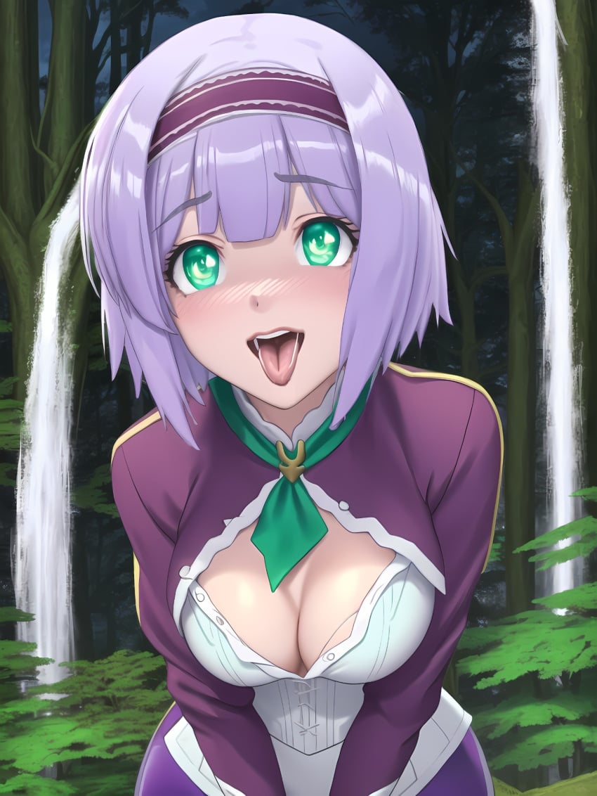 ai_generated breast_cutout breasts cleavage commentary_request corset forest green_eyes hairband hi_res implied_oral isekai_wa_smartphone_to_tomo_ni. isekai_wa_smartphone_to_tomo_ni._2 lilac_hair linse_shileska linze_silhoueska night open_clothes open_shirt outside purple_hair purple_hairband short_hair tie tongue tongue_out