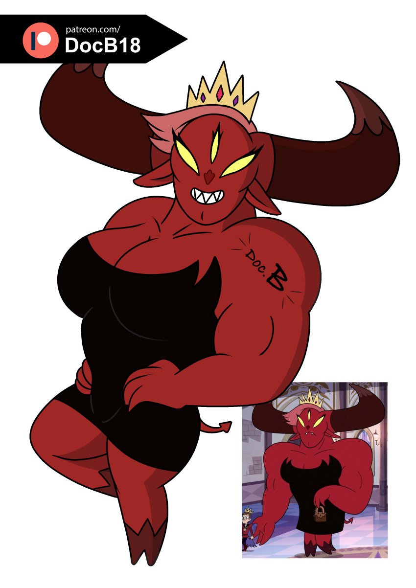 big_breasts big_horns black_dress clawed_fingers crown demon demon_girl demon_horns demon_tail disney disney_channel doc.b handbag hooves human king larger_female long_ears milf muscle muscle_girl muscles no_pupils patreon_logo pink_hair queen red_skin sharp_teeth short_hair smaller_male star_vs_the_forces_of_evil wrathmelior_lucitor yellow_eyes