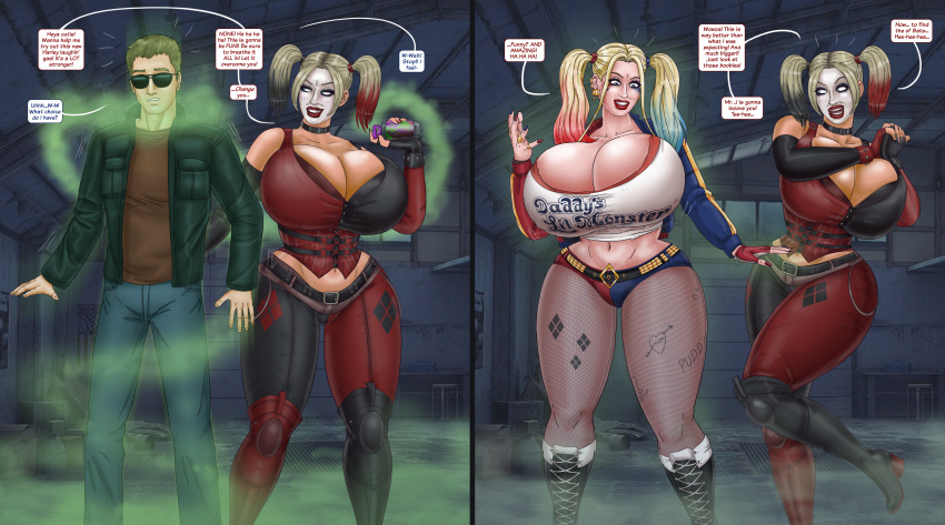 batman:_arkham_city batman_(series) before_and_after big_breasts bimbofication blonde_hair breasts choker comic dc dc_comics dialogue female gas harley_quinn hi_res highres hourglass_figure huge_breasts hyper_bimbo large_breasts male mtf_transformation narrow_waist saturnxart suicide_squad text thick_thighs transformation twinning twintails white_facepaint word_balloon