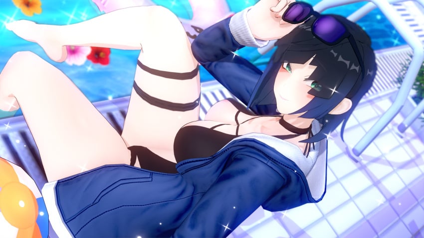 black_hair choker chopsticker genshin_impact jacket pool poolside sunglasses_on_head swimsuit thigh_strap yelan_(genshin_impact)