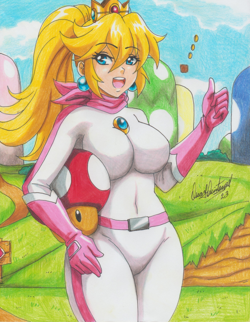 1girls 2020s 2023 5_fingers artist_name big_breasts blonde_hair blue_eyes bodysuit breasts busty child_bearing_hips clothing covered_navel female female_focus female_only gloves hand_on_own_hip highres jpeg large_breasts legs looking_at_viewer mario_(series) mario_kart nintendo open_mouth outdoors ponytail princess princess_peach ravern_clouk signature smile solo standing thick_thighs thighs thumbs_up tied_hair traditional_media voluptuous