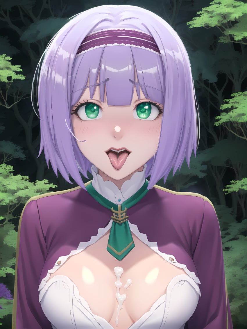 after_fellatio after_oral ai_generated breast_cutout breasts cleavage commentary_request corset cum cum_on_body cum_on_breasts forest green_eyes hairband hi_res implied_oral isekai_wa_smartphone_to_tomo_ni. isekai_wa_smartphone_to_tomo_ni._2 lilac_hair linse_shileska linze_silhoueska night open_clothes open_shirt outside purple_hair purple_hairband saliva short_hair tie tongue tongue_out