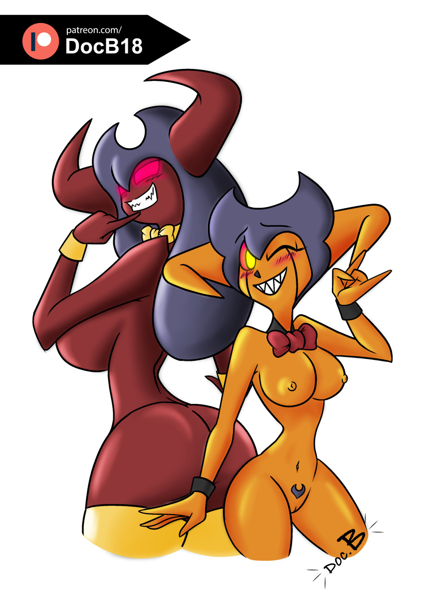 big_ass big_breasts blush blushing_at_viewer bowtie clawed_fingers cynthia_lantern_(doc.b) daughter demon_girl demon_horns doc.b grey_hair long_hair looking_at_viewer mother mother_and_child mother_and_daughter nude nude_female original original_character original_characters patreon_logo red_bowtie red_eyes sally_lantern_(doc.b) sharp_teeth short_hair simple_background wide_hips yellow_boots yellow_bowtie