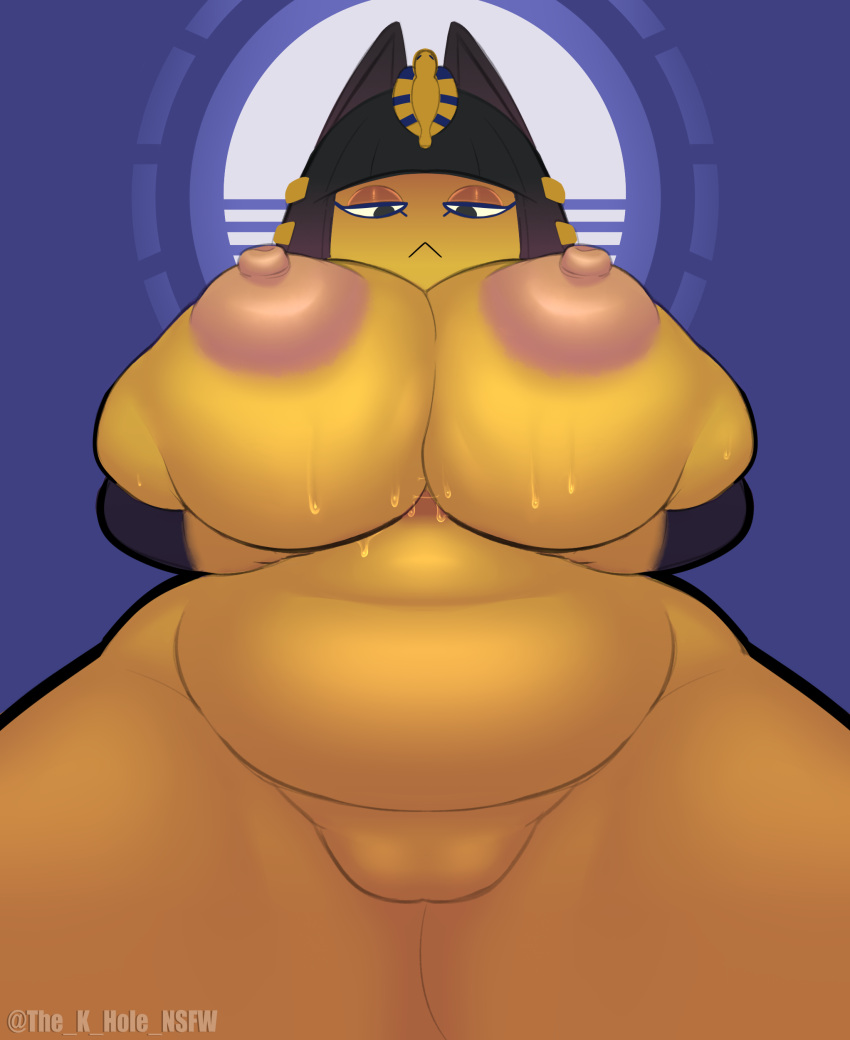 absurd_res animal_crossing ankha ankha_(animal_crossing) anthro belly big_breasts black_eyes black_hair bodily_fluids breast_grab breast_squish breasts domestic_cat dominant dominant_female egyptian erect_nipples eyeshadow felid feline felis female genitals hair hand_on_breast hi_res huge_breasts inviting looking_at_viewer looking_down_at_viewer makeup mammal markings narrowed_eyes nintendo nipples nude puffy_nipples pussy slightly_chubby solo squish sweat sweatdrop sweaty_breasts the_k-hole_(artist) thick_thighs wide_hips yellow_body