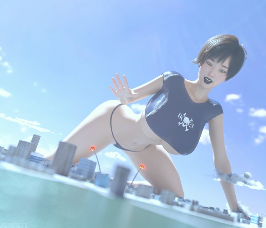 3d amused attacking bent_over black_lipstick black_shirt black_underwear brown_hair city city_destruction clouds explosion giantess giga_giantess jgrfgts lipstick missile original original_character pantless short_hair sky skyscrapers underwear water