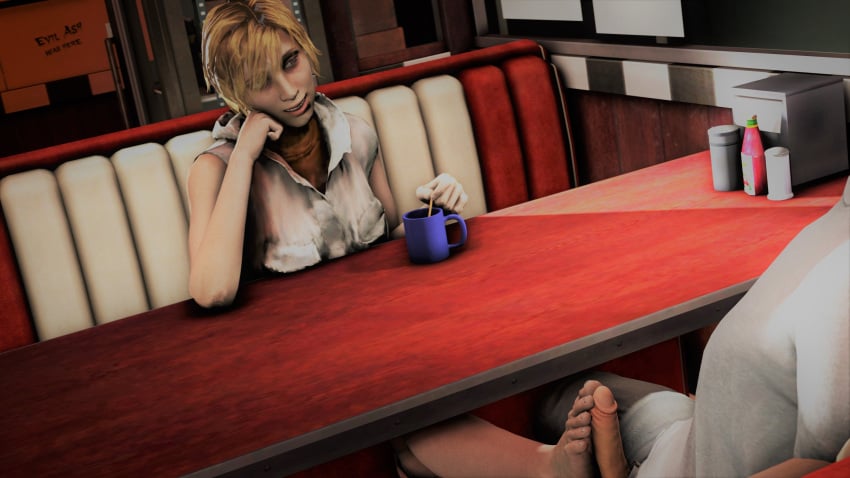 1boy 1girls 3d barefoot blonde_hair booth_seating brown_eyes clothed_female clothed_male coffee coffee_cup coffee_mug diner exposed_penis feet female foot_fetish footjob foreplay hand_on_head heather_mason male mktrreekky public short_hair silent_hill silent_hill_3 smiling smiling_at_partner source_filmmaker teasing toejob toes toes_on_penis under_the_table