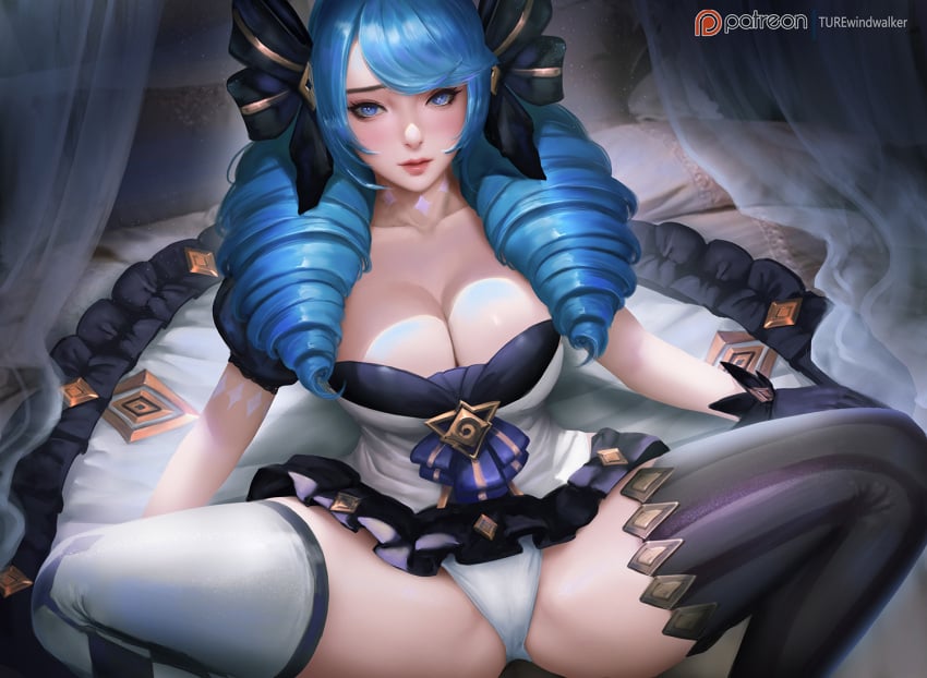 1girls 2023 blue_eyes blue_hair blush breasts checkered cleavage gloves gwen_(league_of_legends) large_breasts league_of_legends looking_at_viewer mismatched_legwear panties patreon_username ribbon riot_games sitting sitting_on_bed spread_legs tagme tattoo thighhighs twintails upskirt vertical_stripes watermark white_panties windwalker