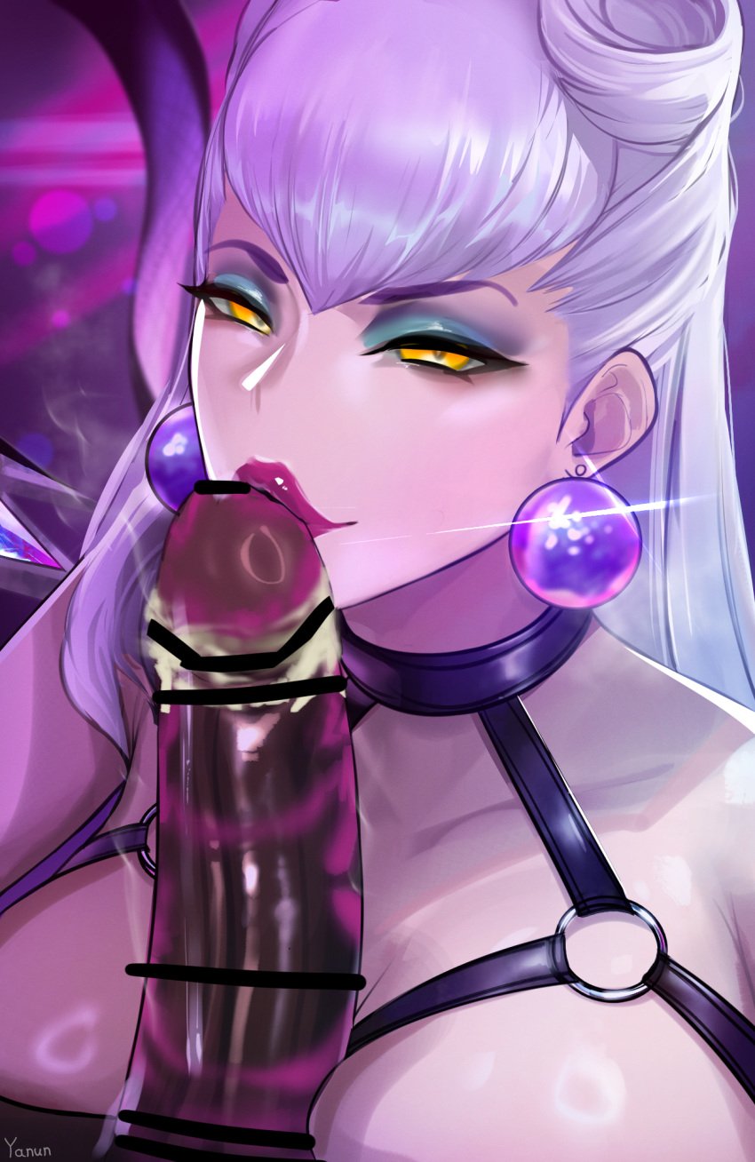 1boy 1girls breasts censored censored_penis dark-skinned_male dark_skin ear_piercing evelynn female hi_res jewelry k/da_all_out_evelynn k/da_all_out_series kissing_penis large_breasts large_penis league_of_legends light-skinned_female light_skin lipstick lipstick_mark lipstick_ring male pale-skinned_female pale_skin penis purple_hair riot_games smegma thick_lips yanun_(yanun0557) yellow_eyes