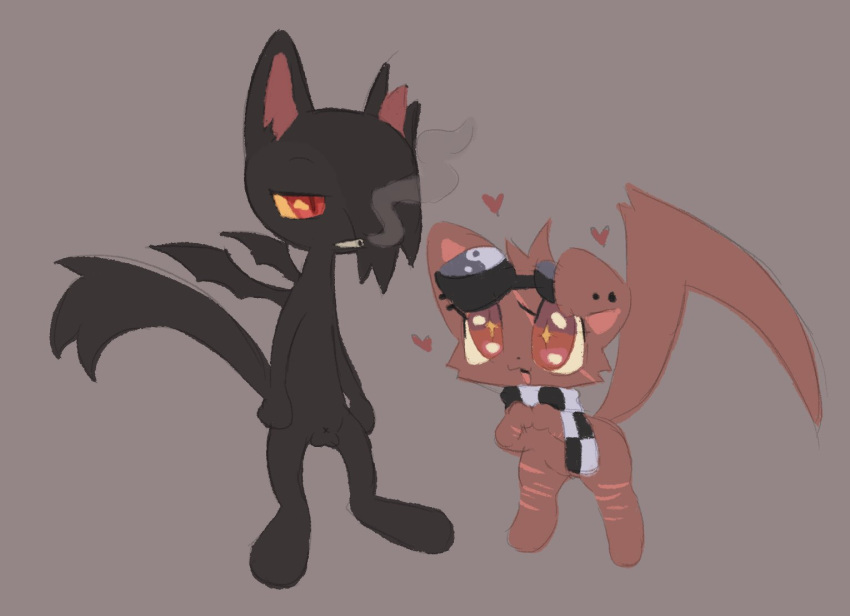 anthro balls bangs black_body black_fur demon domestic_cat duo felid feline felis female fur genitals heart labbit1337 male mammal penectomized