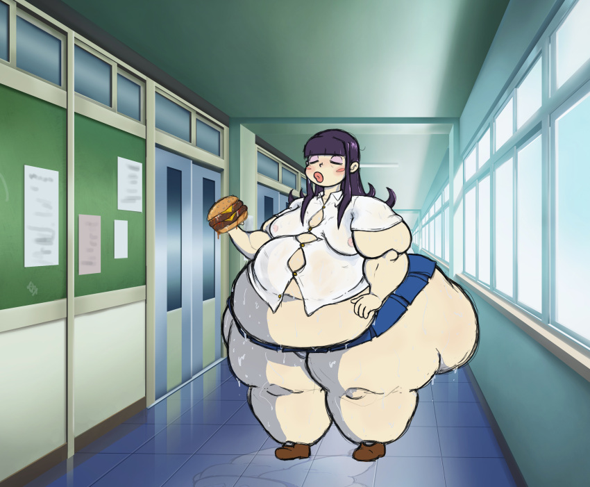 1girls bbw belly big_lips blush burger fat fat_ass fat_rolls female_only gorossy_(artist) hallway hime_cut huge_ass huge_belly hyper_ass ill_fitting_clothing large_breasts long_hair massive_ass massive_belly massive_hips massive_thighs morbidly_obese obese oc original overweight overweight_female purple_hair school school_uniform schoolgirl see-through_clothing ssbbw sweat sweat_stain sweaty_body thick_hips thick_legs thick_lips thick_thighs tight_clothing