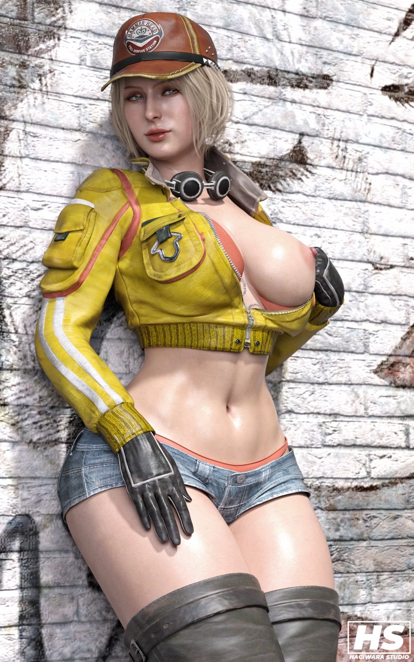 2023 3d artist_name ashley_graham ashley_graham_(ella_freya) big_breasts blonde_hair blue_eyes breast_out capcom cindy_aurum cindy_aurum_(cosplay) cosplay crossover_cosplay final_fantasy final_fantasy_xv goggles_around_neck hagiwara_studio looking_at_viewer nipple resident_evil resident_evil_4 resident_evil_4_remake short_blonde_hair short_hair solo square_enix thick_thighs thong