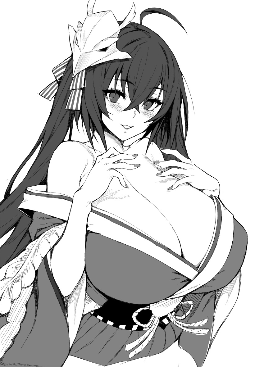 absurdres ahoge azur_lane bare_shoulders blush breasts cleavage collarbone commentary_request female fingernails greyscale hair_between_eyes hair_ornament highres huge_breasts japanese_clothes kimono long_hair looking_at_viewer monochrome parted_lips sash simple_background smile solo taihou_(azur_lane) upper_body white_background whooosaku whoosaku