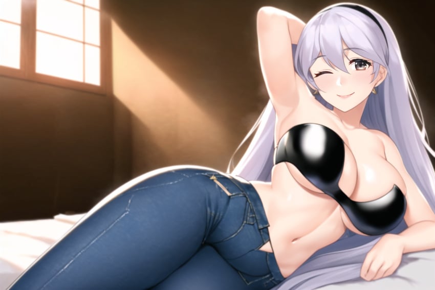 1girls ai_generated bare_shoulders bed big_breasts black_strapless cleavage collarbone cowboy_shot fire_emblem fire_emblem:_radiant_dawn hand_behind_head headband jeans long_hair lying lying_on_bed micaiah_(fire_emblem) midriff nai_diffusion nintendo one_eye_closed smile solo stable_diffusion strapless underboob