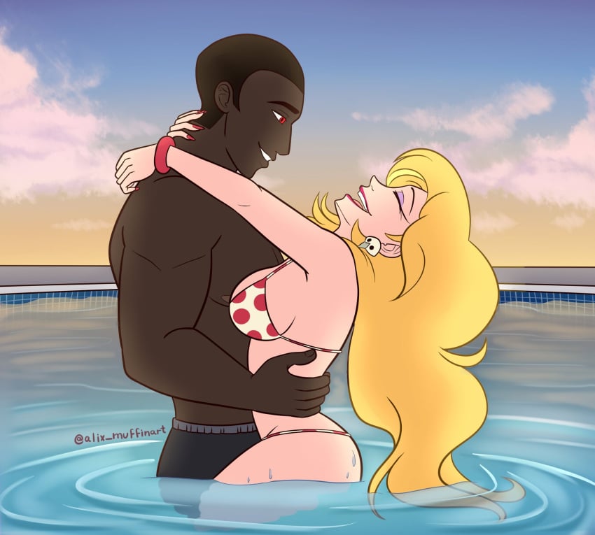 1boy 1girls 1milf alix_muffinart blonde_hair blonde_hair_female cheating_wife dark-skinned_male helluva_boss hugging_each_other human_vortex interracial male martha_(helluva_boss) mature_female milf muscular_male mutual_hug pool tagme vortex_(helluva_boss) young_man_and_milf