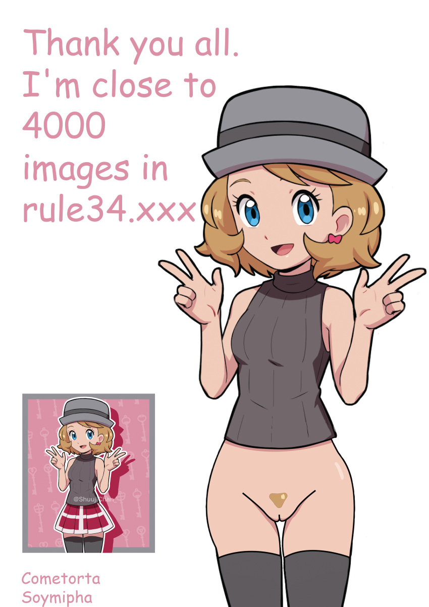 cometorta covering_breasts edit edited grey_hat hat pokemon serena_(pokemon) short_hair solo solo_female solo_focus tagme white_background