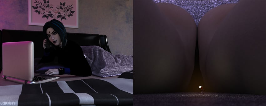 2girls ass bed bedroom big_ass big_butt blanket dc dc_comics female female_only giantess grey_skin jgrfgts koriand'r laptop larger_female macro micro rachel_roth raven_(dc) shrunken_woman size_difference smaller_female starfire teen_titans unaware