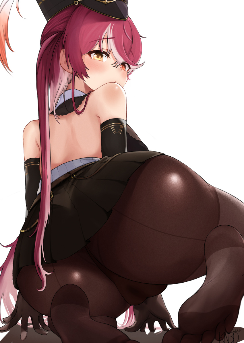 1girls 2023 absurdres ass ass_focus back-seamed_legwear bare_shoulders big_ass black_gloves black_headwear black_pantyhose blush breasts cameltoe elbow_gloves female gloves hair_between_eyes hat heterochromia highres hololive hololive_fantasy hololive_japan houshou_marine knbd large_breasts long_hair looking_back multicolored_hair official_alternate_hair_length official_alternate_hairstyle pantyhose pink_hair red_eye red_hair seamed_legwear shako_cap solo streaked_hair thick_thighs thighs very_long_hair virtual_youtuber white_background yellow_eye