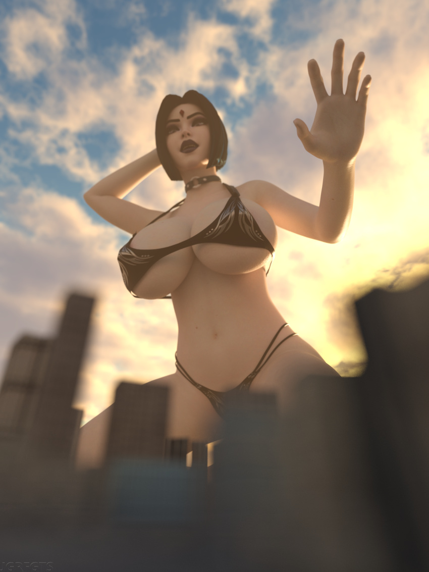 1girls bikini black_bikini collar dc dc_comics giantess giga_giantess goth goth_girl grey_skin imminent_destruction jgrfgts looking_down midriff rachel_roth raven_(dc) short_hair teen_titans