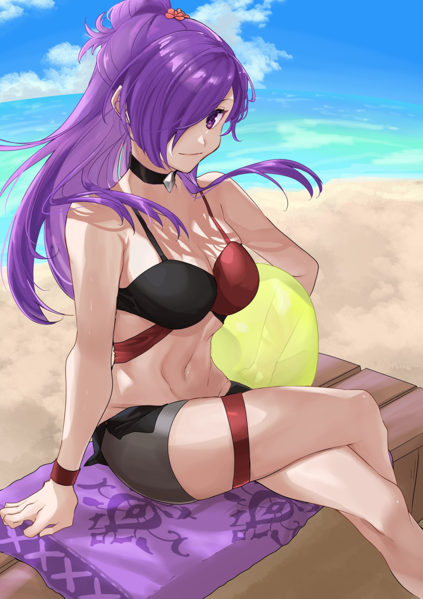 1girls alternate_costume ball beach beachball bikini black_bikini black_choker black_swimsuit blue_sky breasts choker closed_mouth cloud commentary_request crossed_legs day female female female_only fire_emblem fire_emblem:_three_houses fire_emblem_warriors:_three_hopes hair_bun highres holding holding_ball long_hair medium_breasts navel nintendo ocean outdoors purple_eyes purple_hair red_bikini red_swimsuit sakura_no_yoru sand shez_(female)_(fire_emblem) shez_(fire_emblem) single_hair_bun sitting sky smile solo stomach swimsuit two-tone_bikini water