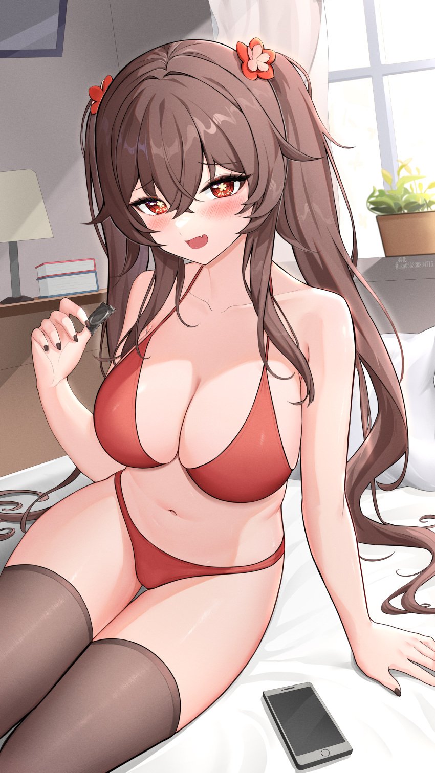 1girls alternate_breast_size bikini black_legwear blush breasts brown_hair cleavage genshin_impact hi_res holding_condom hu_tao_(genshin_impact) huge_breasts legwear long_hair looking_at_viewer nail_polish navel on_bed red_eyes sitting smartphone swimsuit twintails uka_(315302627)