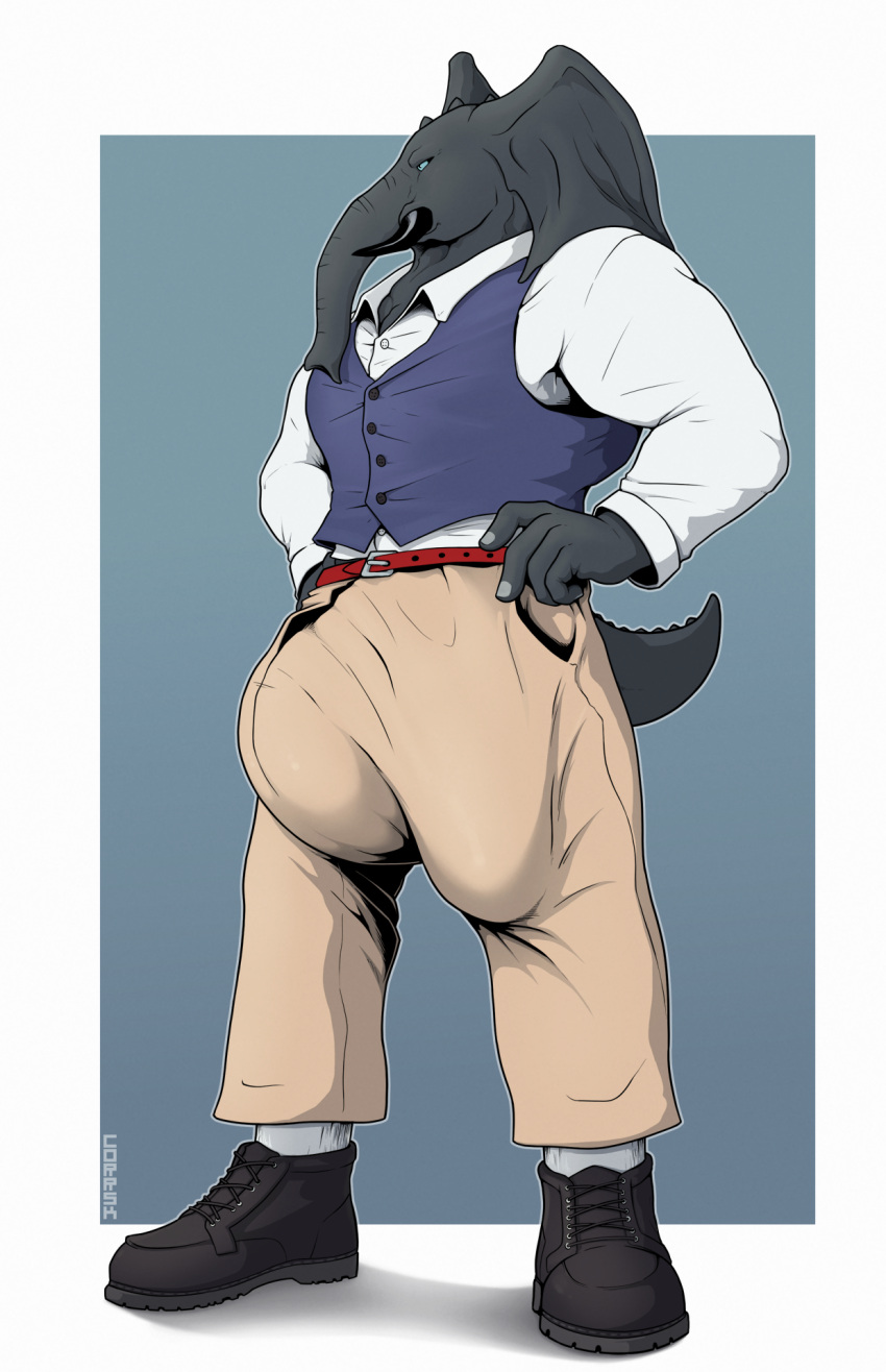 anthro big_bulge bulge clothed clothing corrsk digital_media_(artwork) elephant elephantid hi_res huge_bulge hyper hyper_bulge jakiel_blacktusk male male_only mammal proboscidean solo