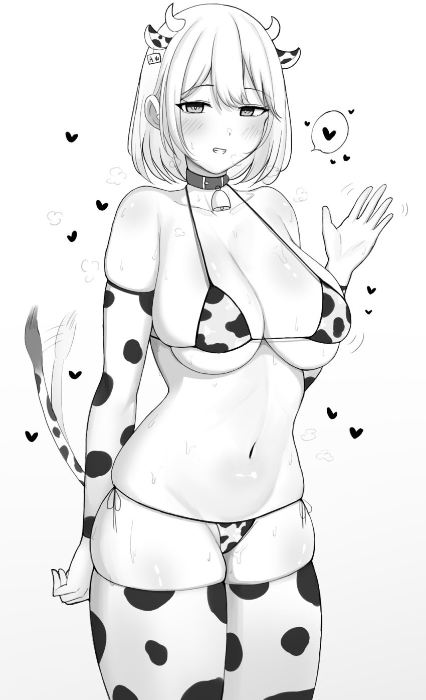 2023 animal_ears animal_print bell bikini breasts collar cow_ears cow_horns cow_print cow_tail cowbell extra_ears female gintoro heart highres hololive hololive_english hololive_myth horns large_breasts looking_at_viewer micro_bikini navel skindentation spoken_heart sweat swimsuit tail tail_wagging virtual_youtuber watson_amelia