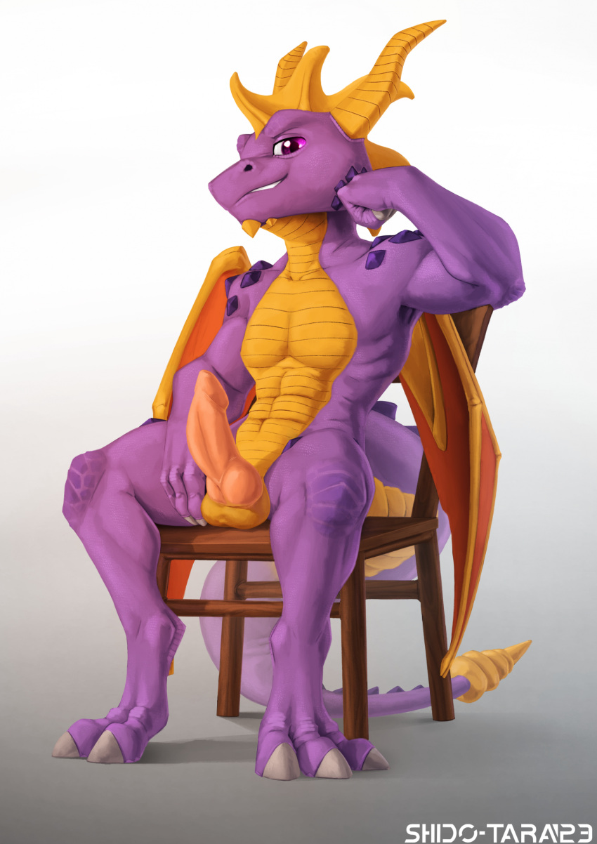 activision anthro chair dragon erection furniture genitals hi_res horn looking_at_viewer male on_chair penis purple_body purple_eyes scalie shido-tara simple_background sitting sitting_on_chair smile solo spyro spyro_reignited_trilogy spyro_the_dragon yellow_horn