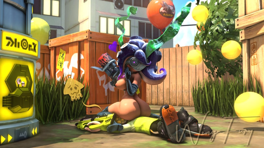 3d 3d_(artwork) agent_4_(splatoon) armwear big_ass_(female) big_ass_cheeks boots bubble_butt casual clothes crates exposed_torso facesitting female goggles gun inkling inkling_boy interspecies legwear male naked_female nintendo octoling octoling_girl octoling_rival pale_skin splatoon splatoon_2 splattershot tagme weapon wing_fury