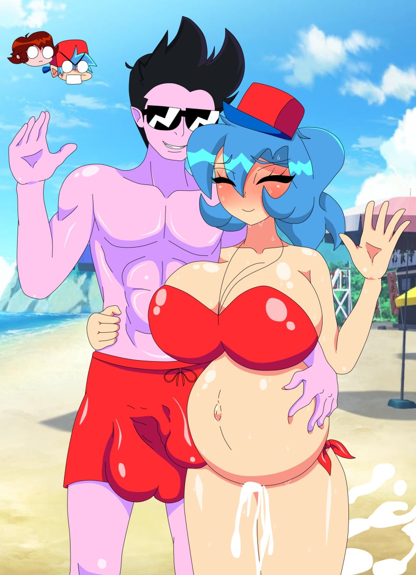 after_sex beach beach_brother_(squizzle_dizzle) big_belly big_sis_(friday_night_funkin) bikini black_hair blue_hair bulge bulge_through_clothing cumflated_belly cumflation dyed_hair friday_night_funkin friday_night_funkin_mod gigantic_breasts hand_on_belly huge_belly huge_breasts lactating lactation lifeguard male small_hat sunglasses swim_trunks swimsuit xml_xrossover(artist)