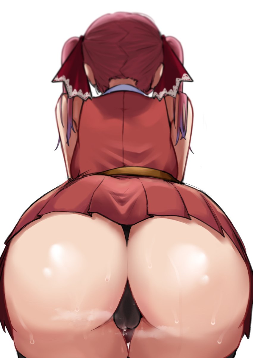 1girls 2023 absurdres ass ass_focus big_ass black_leotard black_thighhighs bow cameltoe cropped_jacket female from_behind hairbow highres hololive houshou_marine jacket knbd leotard leotard_under_clothes long_hair miniskirt pleated_skirt red_hair red_jacket red_skirt shirt simple_background skirt sleeveless sleeveless_jacket solo steam steaming_body sweat sweatdrop thighhighs twintails upskirt virtual_youtuber white_background