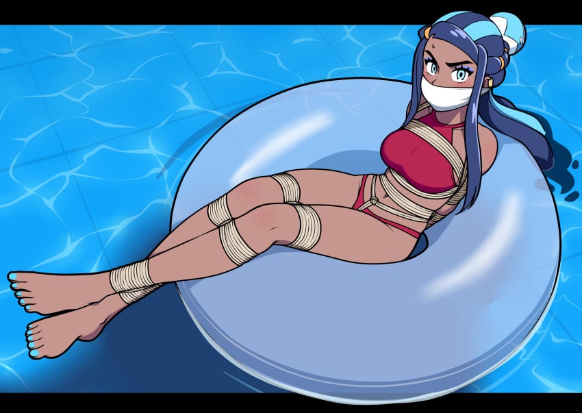 1girls black_hair blue_highlights bondage dark-skinned_female dark_skin eyeshadow female female_only game_freak human innertube jam-orbital nessa_(pokemon) nintendo over_the_mouth_gag pokémon pokemon pokemon_ss pool pool_toy solo swimming_ring swimsuit tied_up