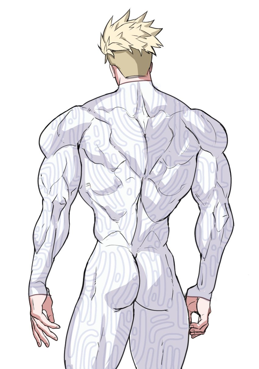 1boy back_muscles back_view blonde_hair genzonillablack male male_only millions_knives muscles_through_clothes muscular_back muscular_male solo trigun trigun_stampede undercut white_background